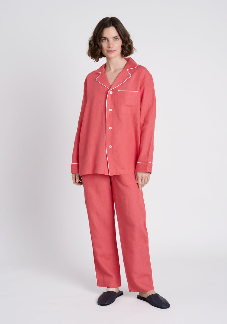 Milton Pajama Shirt in Washed Red Linen